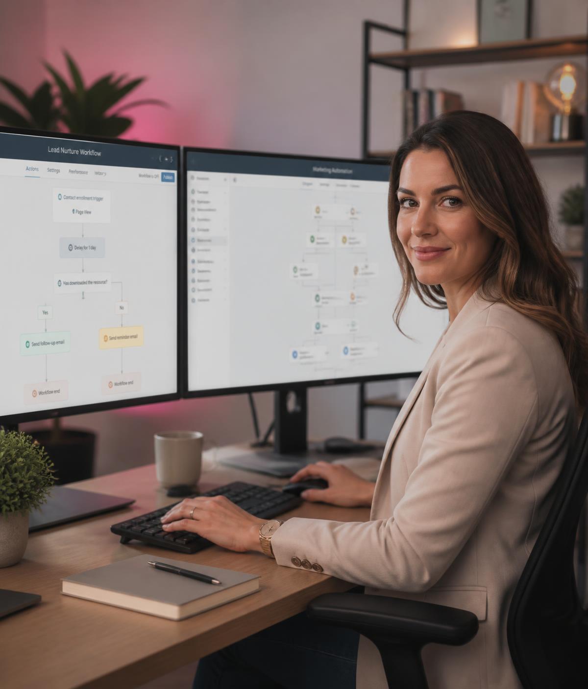 Virtual assistant reviewing marketing automation workflows on dual monitors